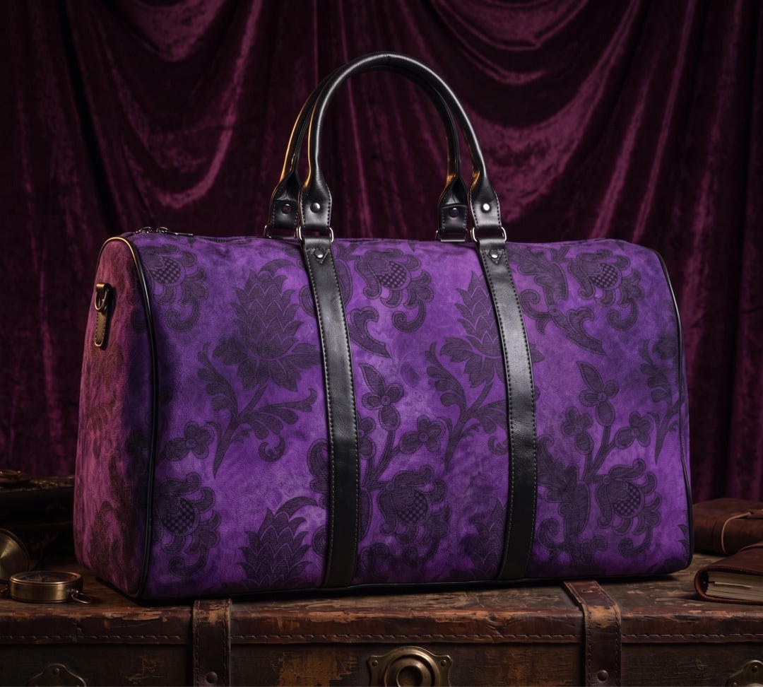 Purple Gothic Floral Weekender Bag, Witchy Purple Duffle Bag, Dark