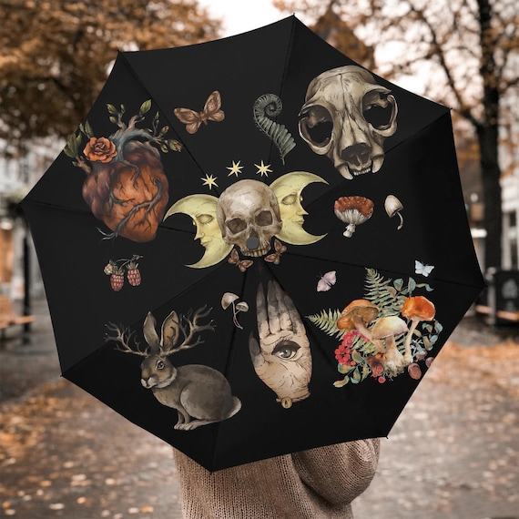 Mystic Forest Skull Umbrella, Moon Phases Parasol for Women