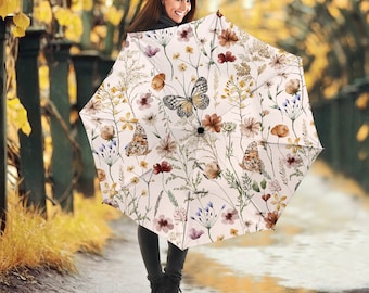 Tiny Bloom Watercolor Butterfly Umbrella, Birthday Gifts for Girl Custom Polyester Umbrella