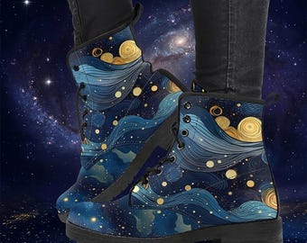 Botas Galaxia Noche Estrellada: Calzado de combate para festivales de piel vegana