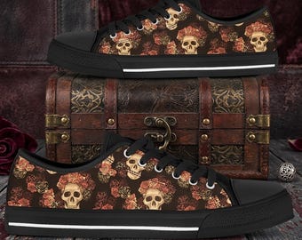 Gothic Skull & Roses Sneakers: Women's Low Top Fashion Shoes