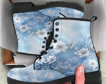Snow Winter Flowers Vegan Leather Boots, Unisex Adult Shoes Gifts for Her Custom Shoes Women Combat Boots