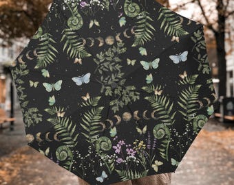 Dark Cottagecore Moon & Butterfly Umbrella, Automatic Folding Windproof Rain Umbrella, Witchy Gothic Gift for Her