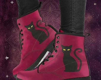Deep Pink Cat Mandala Combat Boots - Vegan Leather Women's Fashion