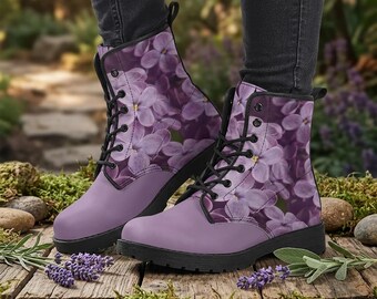 Floral Purple Combat Boots, Garden Platform Boots, Vegan Leather Hiking Boots, Botanical Lace Up Boots, Gift For Her