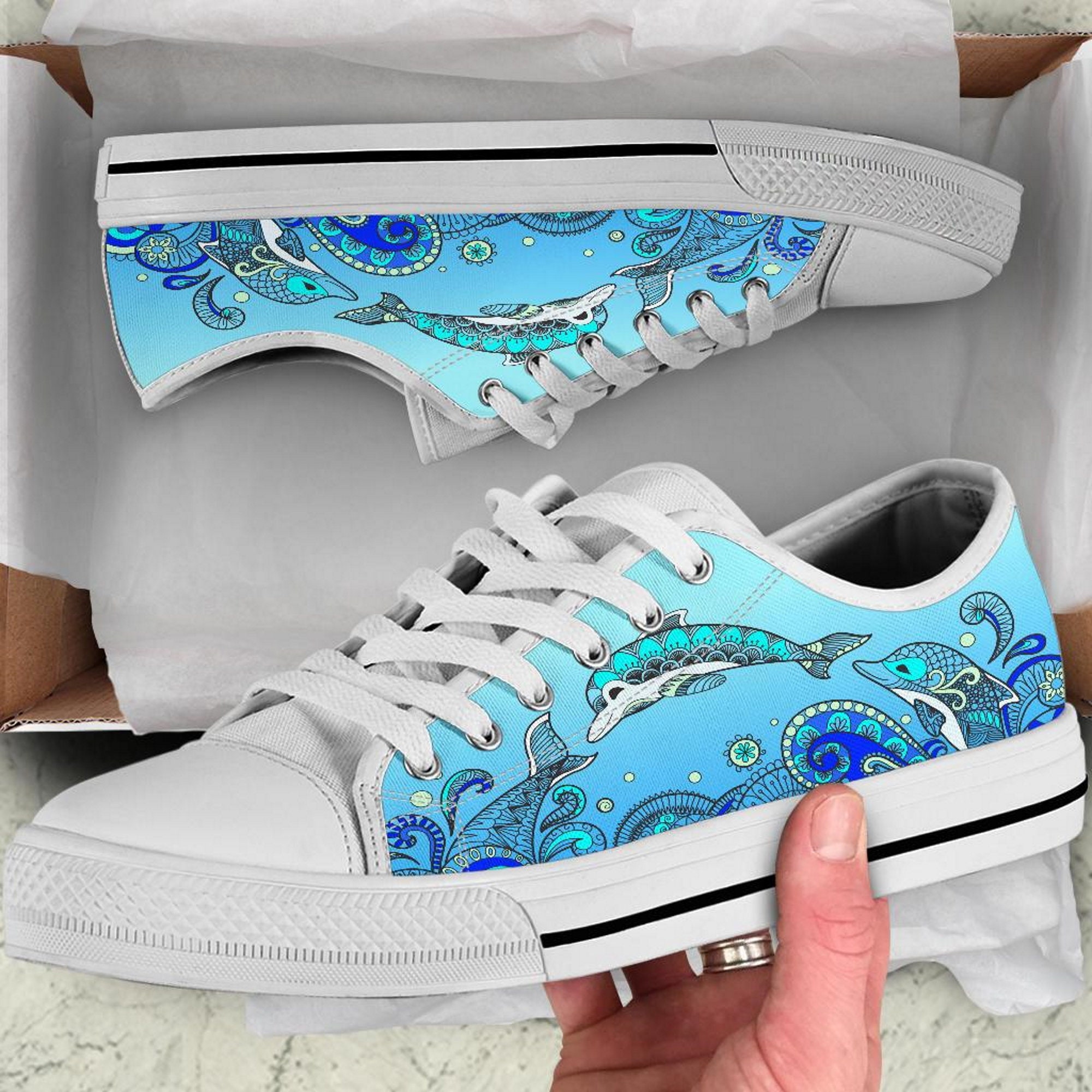 靴 dolphin Dolphin Design Low Top Sneakers: Ocean Wildlife Canvas Shoes