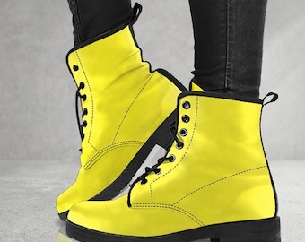 Lemon Yellow Vegan Leather Combat Boots, Custom Made