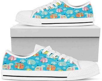 Happy Camper Blue Womens Snekaers  Fashion Low Top  Style Print Shoes For Gifts Her Athletic Walking Camping