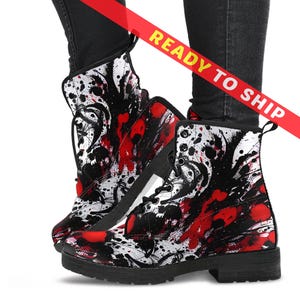 Combat Boots Red And Black Ink Splatter Custom Vegan Leather Boots, Birthday Gifts for Her Casual Shoes - QUICK SHIP