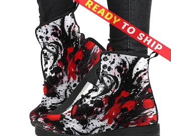 Red Black Ink Splatter Combat Boots Ready To Ship, Platform Boots, Vegan Leather Lace Up Boots, Mens Size 11, Gift For Him