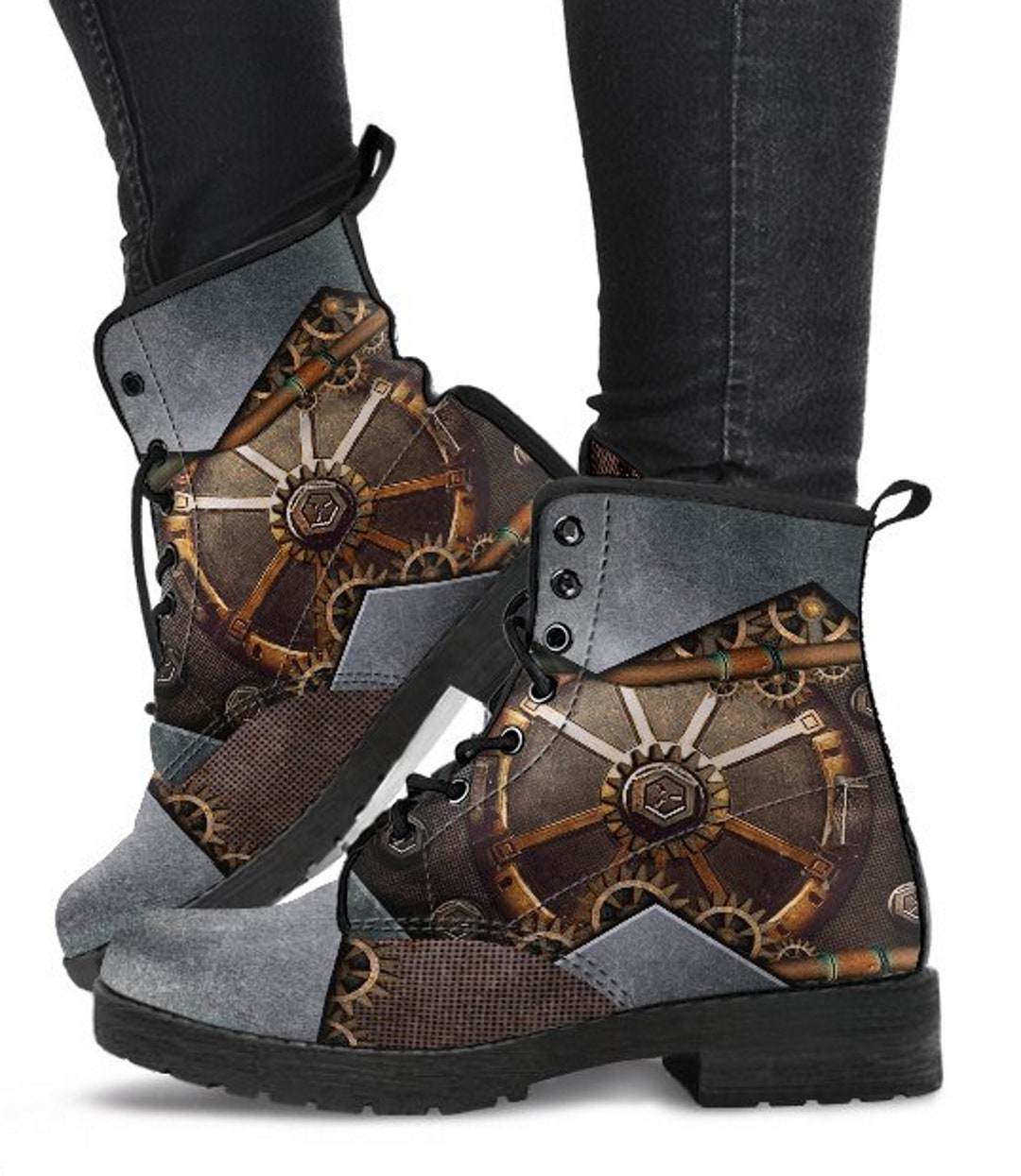 Combat Boots Gear Wheel Design Art Women's Boots, Womens Fashion, Vegan ...