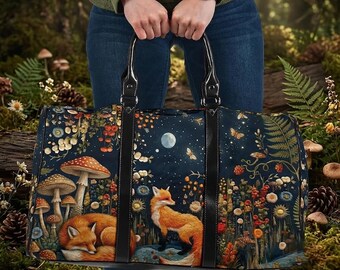 Fox Print Travel Bag, Dark Woodland Weekender Bag for Women, Whimsical Cottagecore Custom Gift
