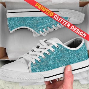 Blue Sparkle Glitter Low Top Sneakers, Birthday Gifts for Girlfriend Tie Sneakers Casual shoes