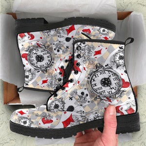 Combat Boots Alice in Wonderland White Custom Vegan Leather Boots, Alice Gifts for Goth   Casual Cute Shoes