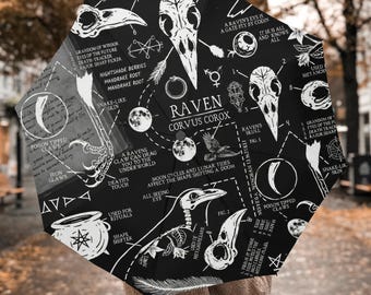 Raven Skull Umbrella, Gothic Corvid Automatic Folding Umbrella, Dark Academia Witchy Umbrella, Edgar Allan Poe Gift, Halloween Gift