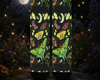 Lunar Moth Garden on Black Crew Socks for Women – Celestial Moth Socks, Made in USA