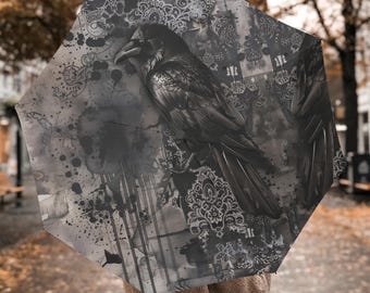 Victorian Gothic Raven Umbrella, Windproof Polyester Stick Umbrella