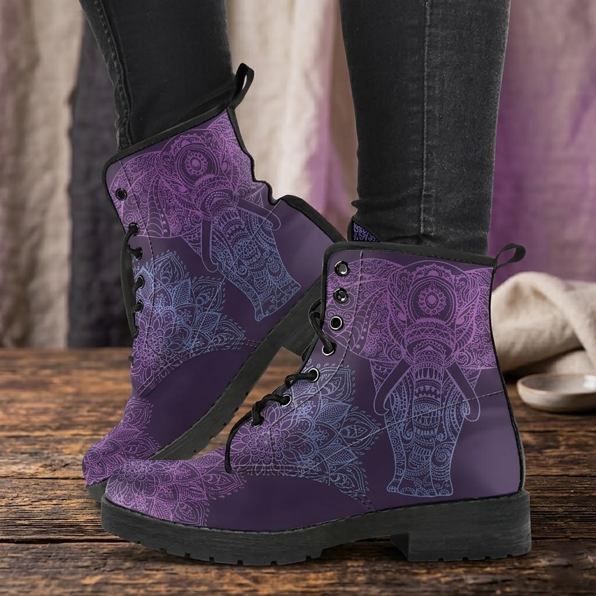 Purple Elephant Vegan Leather Combat Boots: Handcrafted Lace-Up Boots