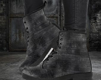 Distressed Black Vegan Leather Combat Boots, Vegan Leather Platform Boots Women, Goth Festival Custom Gift