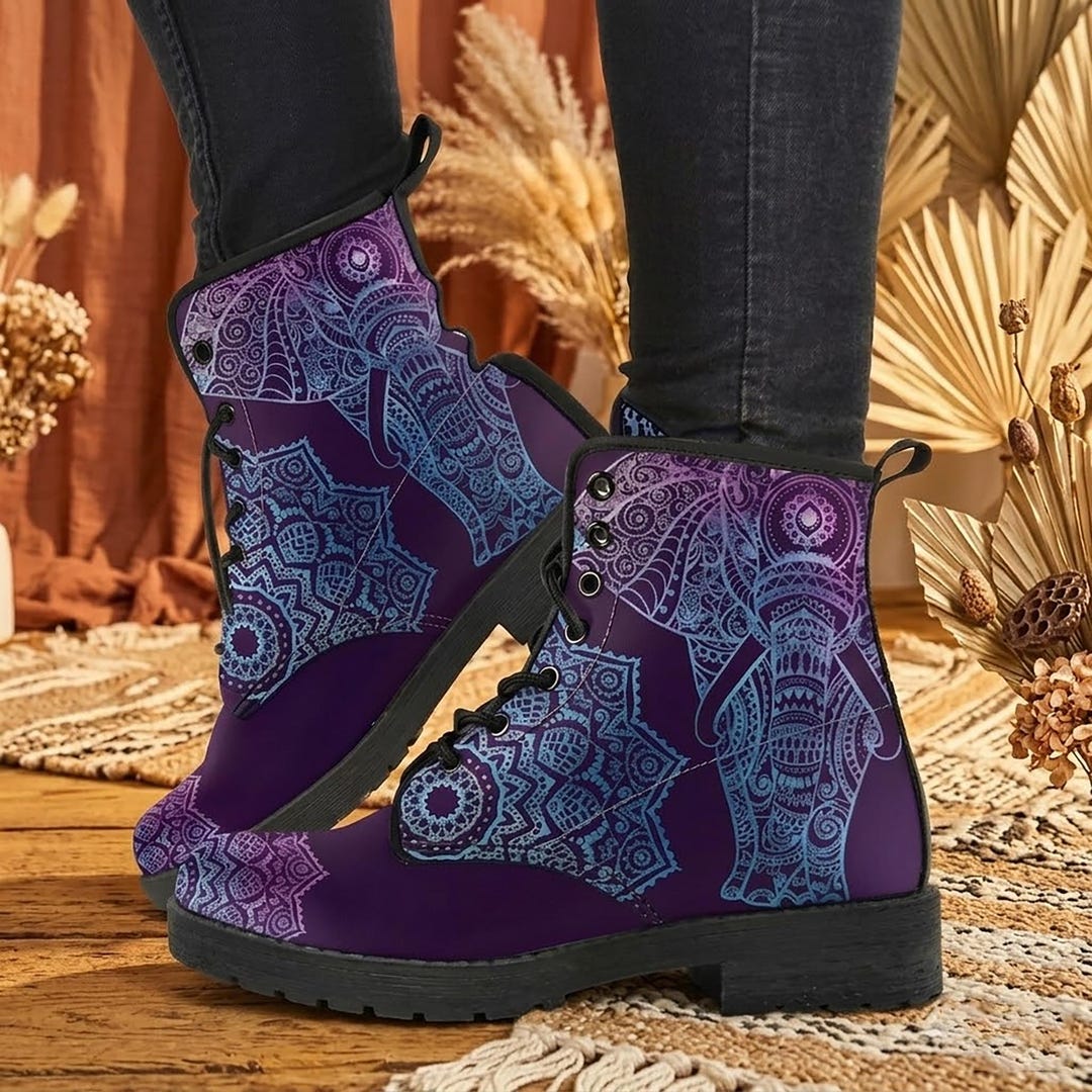 Mandala Elephant Vegan Leather Boots: Custom Printed Women's Fashion - Etsy