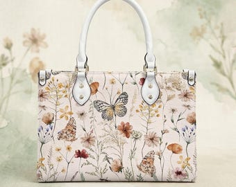 Bolso de hombro de piel vegana con mariposas en acuarela, bolso bandolera estilo cottagecore, bolso de mano inspirado en la naturaleza.