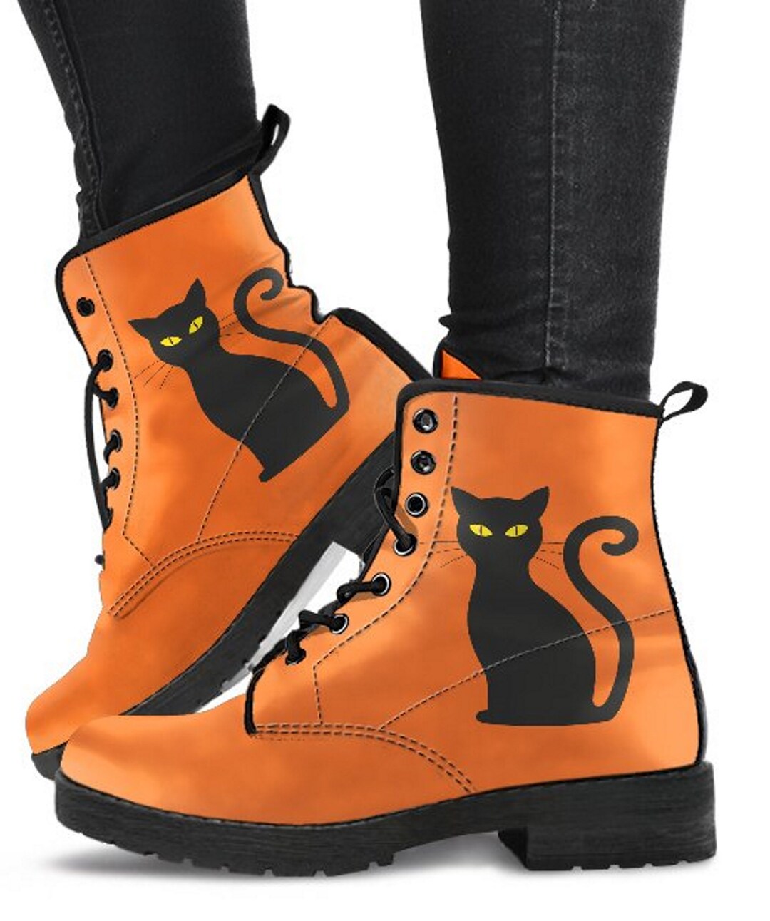 Combat Shoes Halloween Cat Orange Women's Boots, Womens Fashion, Vegan