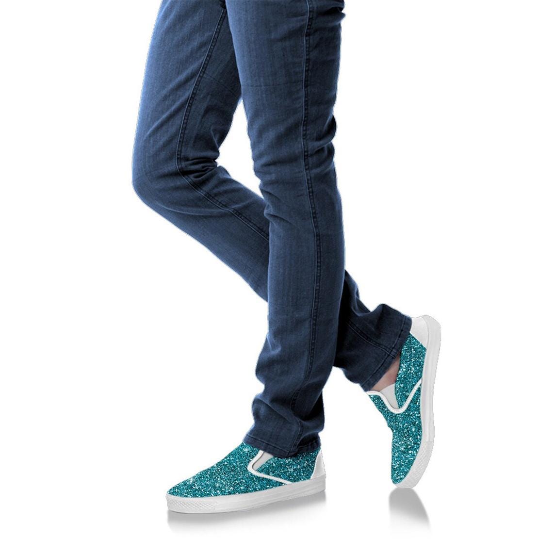 Women s Blue Sparkle Glitter Custom Slip Ons Casual Gifts for Her Vans Style Cute Shoes