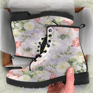 Blumen-Vegan-Lederstiefel, Damen Kampfstiefel Muttertagsgeschenke für Sie Lässige Schuhe Schnürstiefel