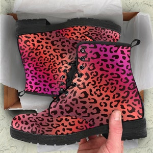 Combat Boots Leopard Print Vegan Custom Leather Boots, Birthday Gifts for Her Casual Shoes