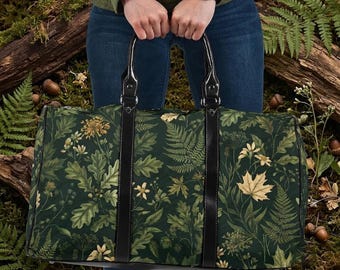Forest Botanical Weekender Bag, Dark Woodland Duffle Bag, Cottagecore Gym Bag, Fern Print Overnight Bag, Nature Lover Gift