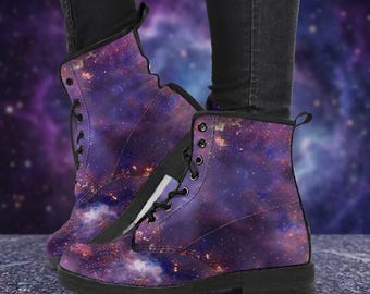 Purple Galaxy Vegan Leather Combat Boots: Bohemian Fashion