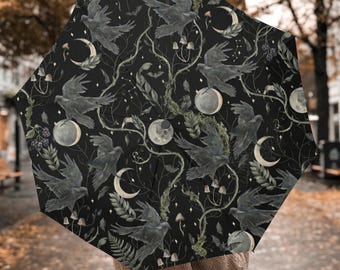 Midnight Raven Moon Umbrella, Whimsigoth Celestial Automatic Folding Umbrella, Gothic Witchy Rain Umbrella, Dark Academia Gift, Witchy Gift