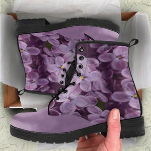 Petals in Purple Vegan Leather Boots, Women&#39;s Hiking Boots, Floral, Purple Flowers, Custom Combat Boots, Unique Shoes