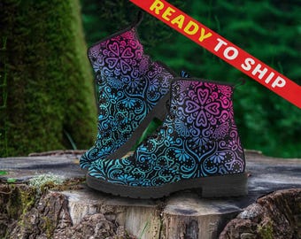 Rainbow Abstract Art Combat Boots — Women's US 9 EU40, Ready to Ship, Bohemian Vegan Leather
