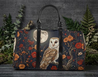 Owl Garden Travel Bag, Dark Botanical Weekender Bag for Women, Woodland Whimsical Custom Gift