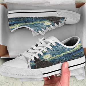 Women&#39;s Ribbon Starry Night by Vincent Van Gogh Low Top Sneakers, Mother&#39;s Day Gifts for Cute Shoes