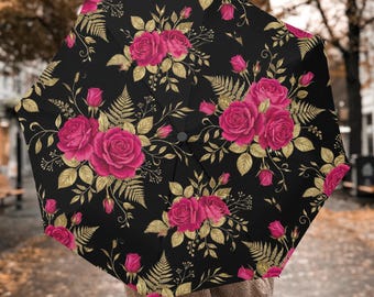 Fuchsia Roses & Gold Leaves Umbrella, Automatic Folding Windproof Rain Umbrella, Gothic Floral Gift for Her