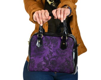 Sac à main à bandoulière motif gothique violet, cadeau de fête des mères en cuir végétalien pour idée sac à main gothique
