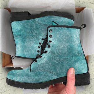 Combat Boots  Women&#39;s Teal White Vintage Grunge Patterns Custom Leather Boots, Mother&#39;s Day Gifts idea Cute Shoes