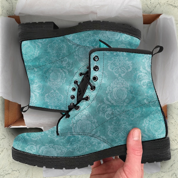 Combat Boots  Women's Teal White Vintage Grunge Patterns Custom Leather Boots, Mother's Day Gifts idea Cute Shoes