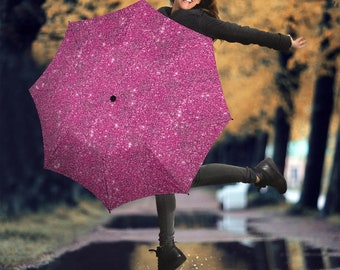 Pink Sparkle Glitter Print Umbrella, Birthday Gifts for Her Polyester Umbrella Custom Large Umbrella