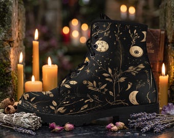 Golden Occult Botanicals Vegan Leather Combat Boots, Celestial Witchy Platform Boots Women, Moon Phase Gothic Ankle Boots, Gift