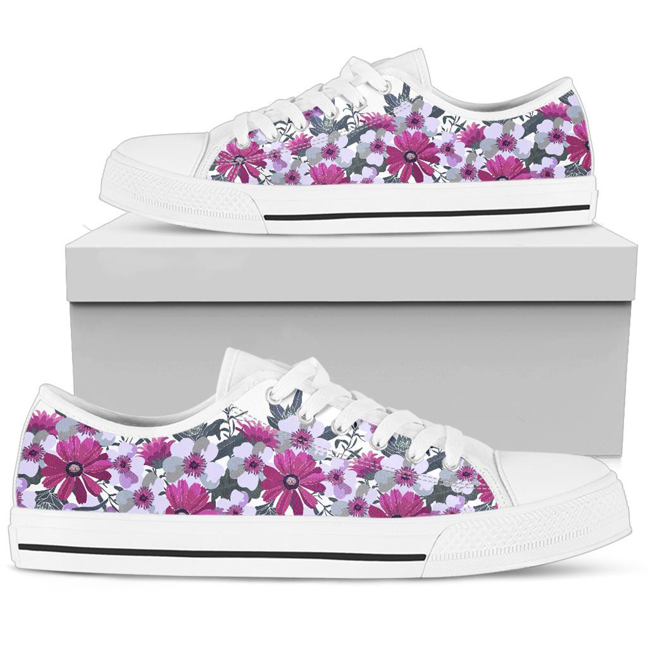 Women's Purple Pink White Flowers Custom White Sneakers | Etsy