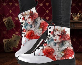 Queen Of Hearts Combat Boots, Wonderland Platform Boots, Vegan Leather Boots For Women, Red Lace Up Boots, Book Lover Gift