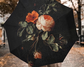 Floral Roses Print Umbrella: Waterproof Polyester, Semi-automatic