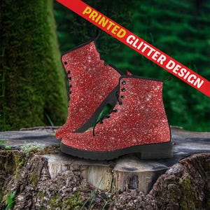 Rode glinsterende vegan leren gevechtslaarzen: enkellaarzen op bestelling