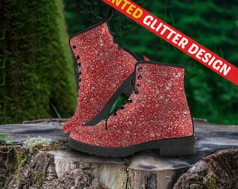 Red Sparkle Vegan Leather Combat Boots: Made-to-Order Ankle Boots