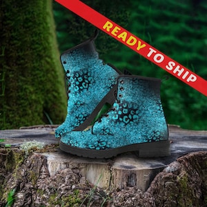 Teal, Black and Blue Vegan  Leather Boots, Mother&#39;s Day Gifts for Her Casual Cute Shoes Combat Women Boots - QUICK SHIP