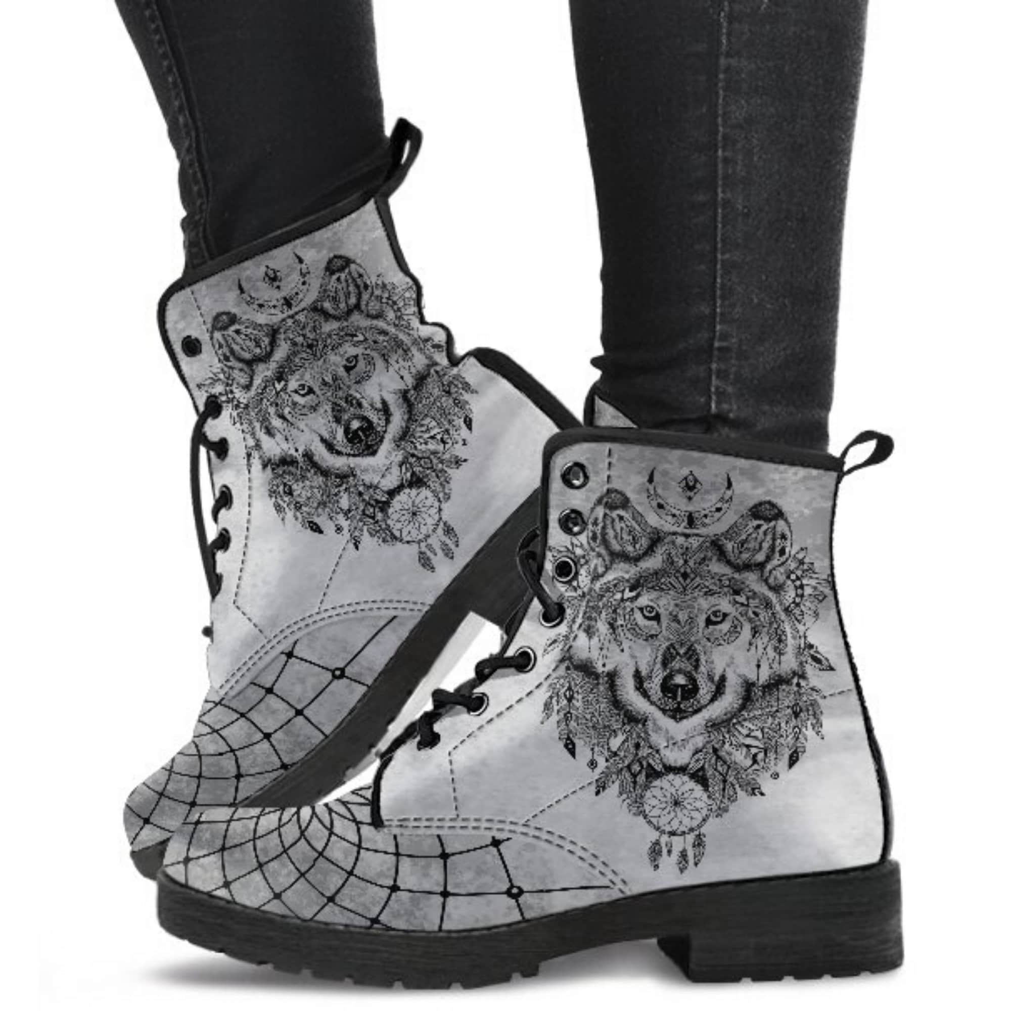 Boho Wolf Design Vegan Leather Combat Boots - Etsy