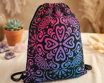 Bohemian Rainbow Drawstring Backpack, Boho Cinch Sack, Festival Gym Bag, Colorful Beach Bag For Women, Hippie Gift